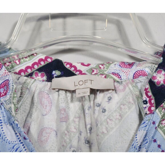 LOFT Linen Blend Navy Magenta Print V Neck Boho Peasant Blouse Top Sz M - Picture 3 of 4